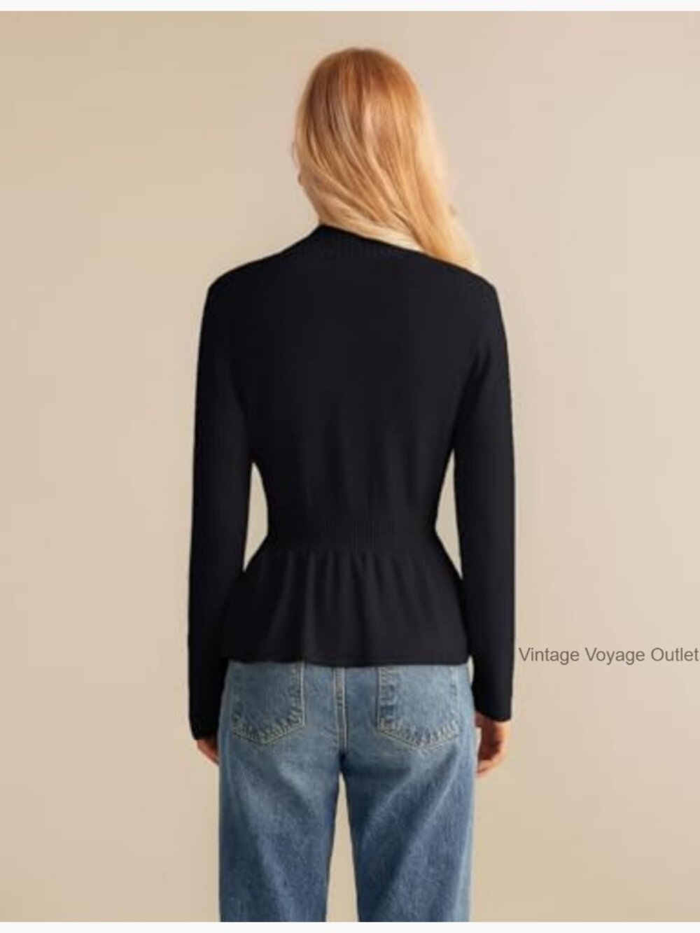 Cropped Peplum Cardigan Sweater, Long Sleeve Button Front, Lightweight Knit - Picture 5 of 7